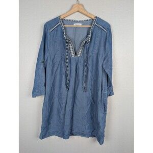 Kenneth Cole Reaction Dress Western Sz L Blue Tencel Chambray Embroidered Tunic